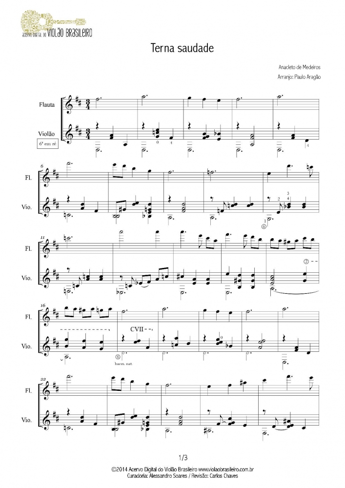 Terna Saudade (Anacleto de Medeiros) - Partitura para violão e flauta