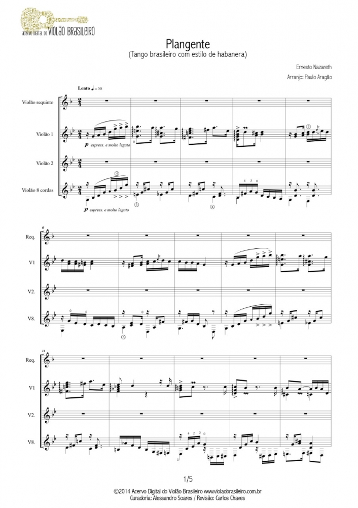 Plangente (Ernesto Nazareth) - Partitura para quarteto de violões - arr Paulo Aragão